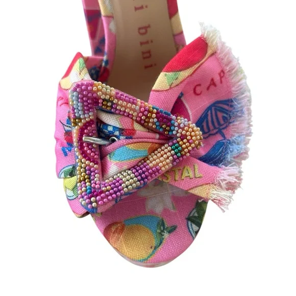 GIANNI BINI Pink Tobias Linen Mismatched Buckle Platform Sandals Heels 7.5 NEW - Picture 4 of 11